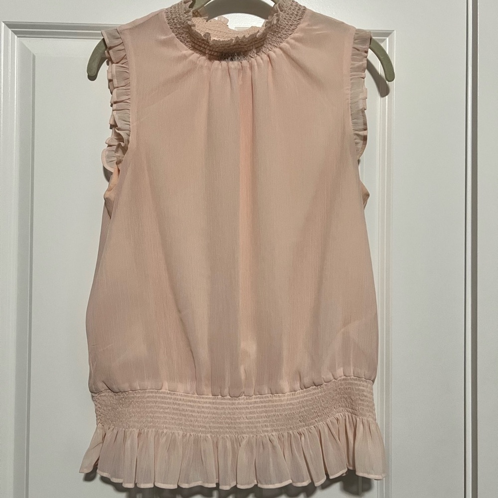 J. Crew mock neck smocked sleeveless top with ruffle trim